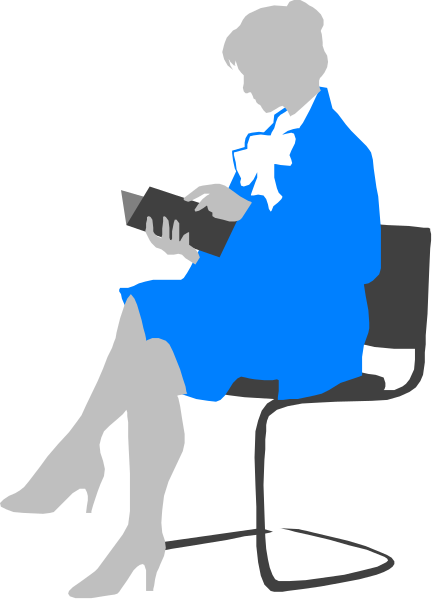 The black and white illustration shows a woman sitting on an office chair with her legs crossed at the knee level while reading from what appears to be a book in front of her. She is wearing high heels and has short hair, dressed in business attire including a blue blazer over a light-colored shirt paired with dark pants or skirt. The background suggests she's seated against an office wall that transitions between two shades of gray from left to right.