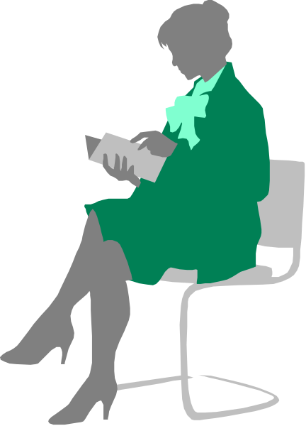 The black and white illustration shows a woman sitting on an office chair with her legs crossed at the knees while reading from what appears to be a book in front of her. She is wearing a green dress jacket, dark pants, high heels, and has short hair.