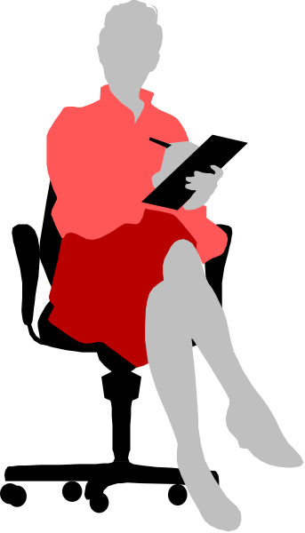 The image shows a woman sitting on an office chair with her legs crossed at the knee level while holding what appears to be a book in front of her face; she is wearing red clothing that matches the color scheme, and there's no background detail visible due to its small size.
