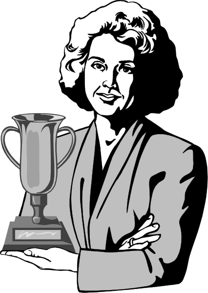 The black and white illustration features a woman holding an award trophy with her left hand while standing confidently against a dark background.