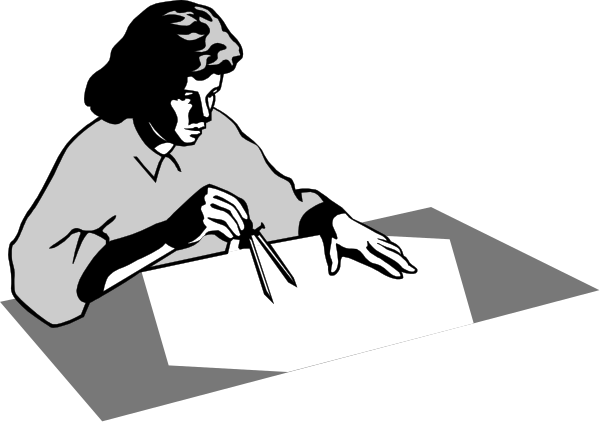 The black and white illustration shows a person sitting at an easel with paper on it, holding what appears to be a pencil in their hand while looking down towards some papers spread out before them.