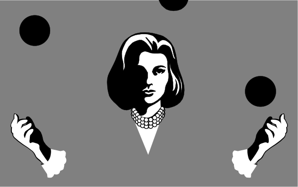 The image shows a black and white illustration of an animated character with exaggerated features holding two balls; there is no text present in this clip-art image.