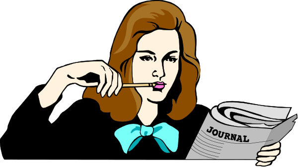 The cartoon shows a woman sitting at her desk with papers scattered around; she is holding a pen over an open book while reading it intently.