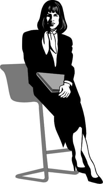 The black and white illustration shows a person sitting on an office chair with their legs crossed atop another chair; behind them is a desk holding what appears to be papers or documents.