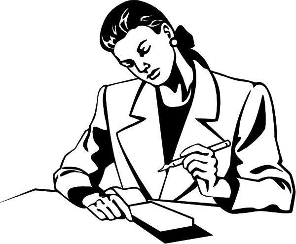 The black and white illustration shows a person sitting at a desk with their hands on top of an open book; there is also a pen in front of them.