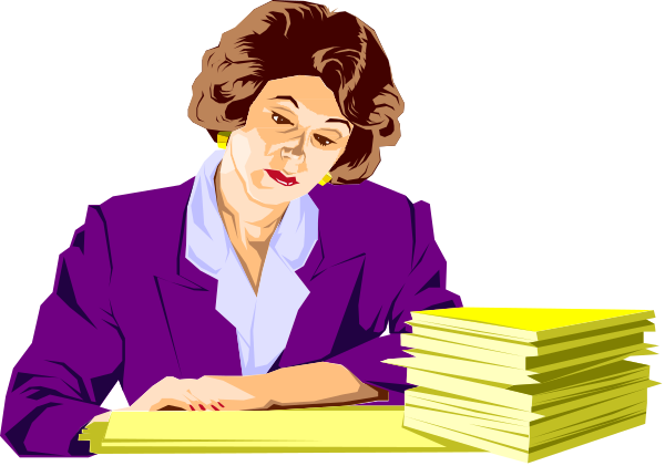 The illustration depicts a woman sitting at an office desk with papers spread out before her; she is wearing glasses and appears to be working on documents while looking downward towards them.