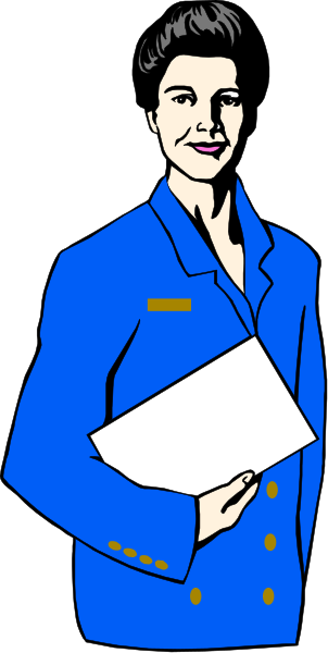 The image shows a cartoon of an adult woman dressed as a flight attendant holding a card with text on it while standing in front of what appears to be a blue background that resembles airplane cabin walls, and she is smiling at something off-frame.