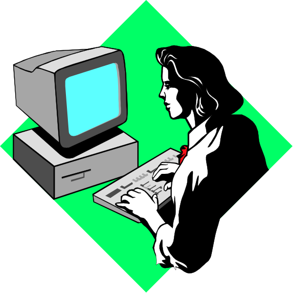 The illustration shows a person sitting at an old computer with green screen displaying text characters that resemble binary code; there is also another figure in silhouette on right side of image using keyboard but facing away from viewer, and both figures appear to be working or interacting with the computers.