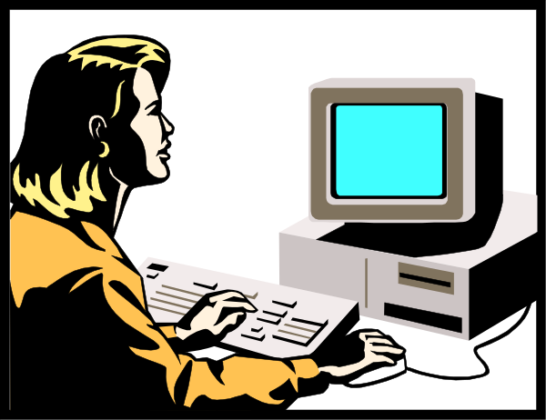 The comic strip shows a woman sitting at an old computer with blue screen displaying "Welcome to Windows" message; she is typing on keyboard while looking upwards towards her right side of frame where another panel depicts two men in suits standing behind and observing her actions, suggesting they are supervisors or managers.