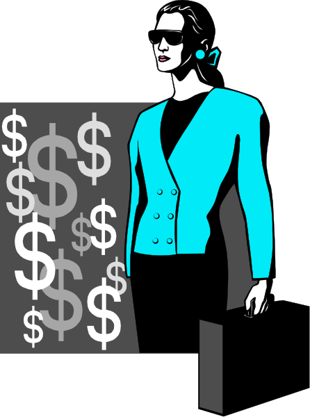 The image shows a stylized black and white illustration of an adult woman wearing sunglasses with dollar signs around her head; she is dressed in blue clothing including a jacket over one shoulder, pants, shoes, gloves, and has short hair. She stands against a dark background that features multiple repetitions of the same figure: another female silhouette holding money bags or briefcases, suggesting themes related to wealth or finance.