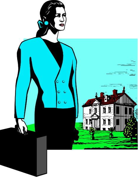 The image features a stylized illustration of an adult woman standing on what appears to be grass with her back turned towards us; she is wearing a blue jacket over a black top and has short hair tied in a bun, along with dark pants that end just above knee length. Behind the figure stands a two-story house with white walls under a clear sky. The style of this image suggests it could be used for various purposes such as greeting cards or posters due to its simple yet detailed design and color scheme.