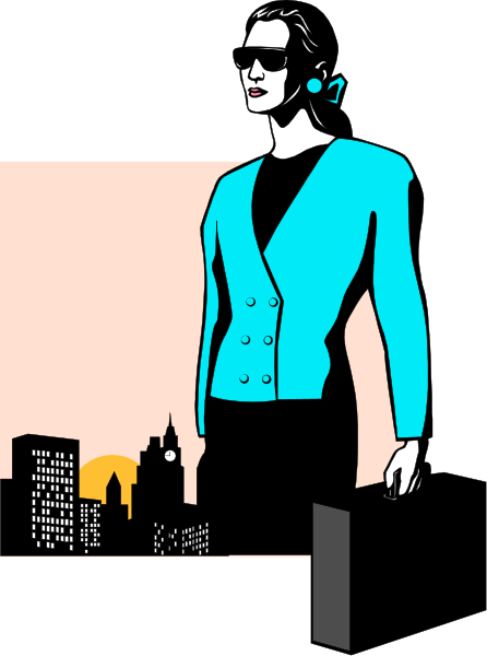 The black and white illustration features a person standing on top of buildings against an urban skyline at sunset with silhouettes in the background.