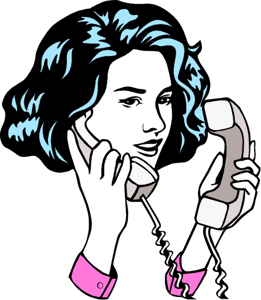 The illustration depicts a woman holding two phones to her ears while standing next to an open window with curtains drawn back in front of it; she is wearing glasses on top of her head.