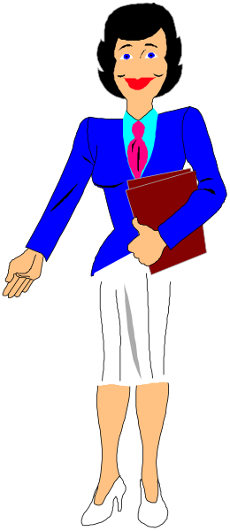The cartoon depicts a woman dressed as an office worker holding a book with her left hand while standing against a black background; she is wearing a blue blazer over white shirt, striped skirt, tie and heels.