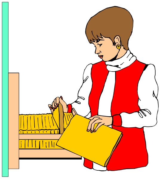 The illustration depicts a woman standing behind an open cash register with money inside it on what appears to be a countertop in front of her. She is wearing glasses over one eye, has short hair styled into bangs and waves atop her head, wears a red vest over a white blouse or shirt, and holds up the lid of the cash drawer slightly as if she's about to close it after taking money from inside. The setting suggests an indoor environment with artificial lighting that casts shadows on what could be partitions in front of which she stands; there is no visible