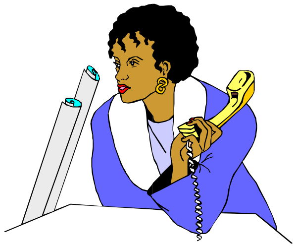The illustration shows a woman on an old rotary phone holding papers with blue lines drawn across them while standing next to what appears to be a ticket counter in front of her.