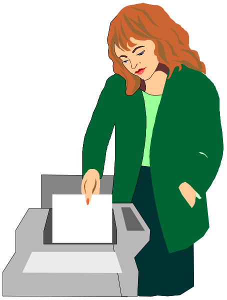 The illustration shows a woman with red hair standing next to an electronic voting machine that has been marked as "spoiled." She is wearing a green jacket over her shoulders while holding onto it lightly at one end, and she appears focused on something off-frame in front of her.