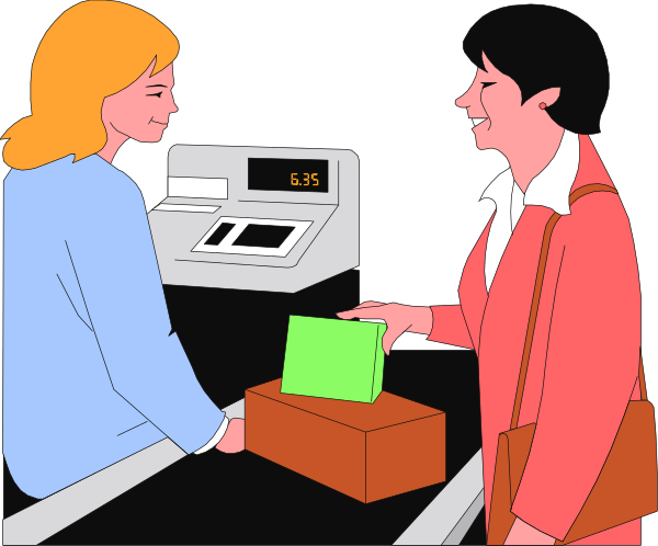 The illustration shows two women at a checkout counter with items on it; there's also an ATM machine in front of them where one woman is placing her card into its slot while another looks over, and behind them stands a cashier who appears to be handing something green-colored back.