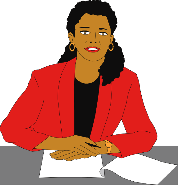 The image shows a cartoon of an animated woman sitting at a desk with papers on it; she is wearing earrings and has short hair.