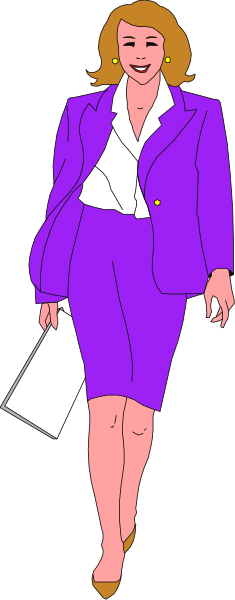 The image shows a woman dressed as an office worker standing next to her reflection on paper; she is wearing a purple blazer with white shirt underneath, blue skirt, black shoes, yellow earrings, has short hair and glasses, holding papers in both hands while smiling at something off-camera.