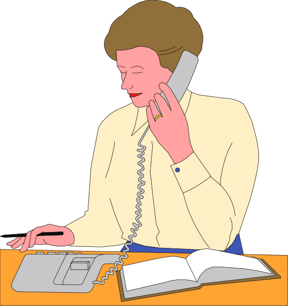 The illustration depicts a woman sitting at her desk using an old rotary telephone while working on some papers; she is wearing glasses with black frames over blue eyes, has short brown hair, wears a light yellow blouse and dark pants, and there's a book open in front of the phone.