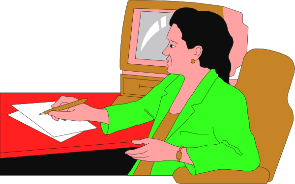 The image shows a cartoon of an animated woman sitting at her desk with papers on it; she is wearing green clothing and appears to be writing something down while looking up from what seems like important documents in front of her, possibly indicating that this could represent work or business setting.