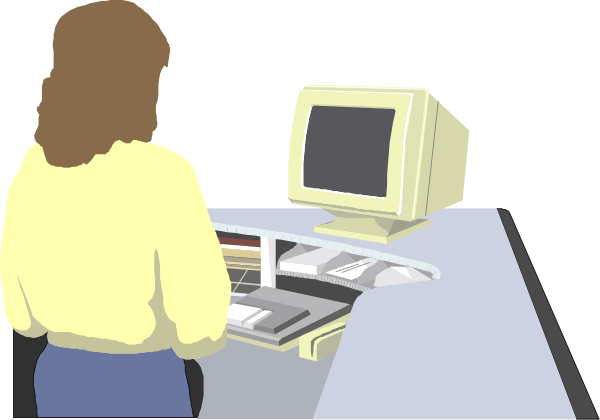 The image shows a computer monitor displaying an animated scene of two characters standing at desks with computers on them; there is no text present in this clip-art illustration.