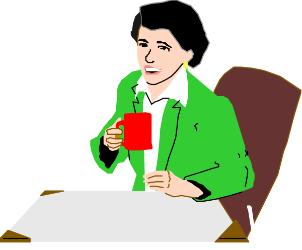 The cartoon shows a woman sitting at her desk with papers on it; she is holding a red cup of coffee while looking to one side.