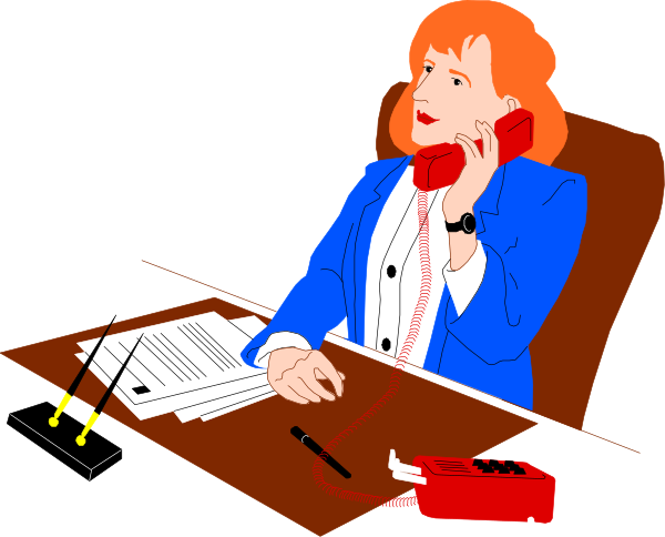 The illustration shows a woman sitting at an office desk with papers on it; she is wearing glasses and has blonde hair styled in bangs. She's holding two phones to her ears while looking down, seemingly engaged in conversation through both lines simultaneously.