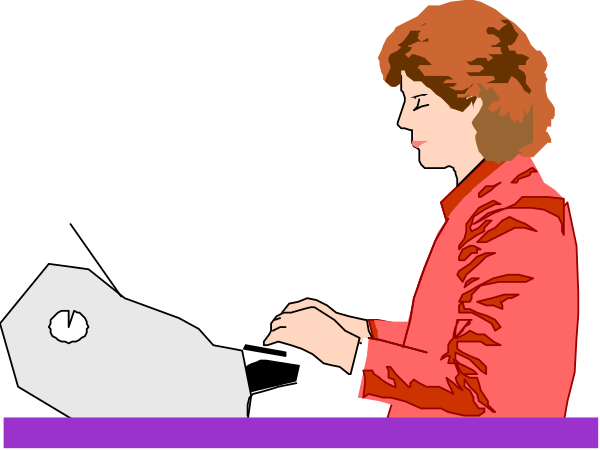 The image shows a woman sitting at an office desk with papers on it; she is wearing red clothing and appears to be working on something in front of her.
