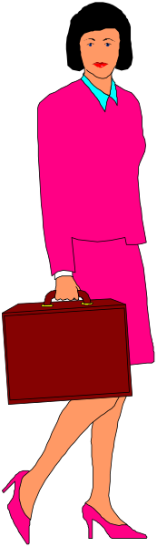 The image shows a woman dressed as an airline stewardess holding a briefcase while standing against a gray background with her legs crossed at the knees; she is wearing high heels and has short hair.