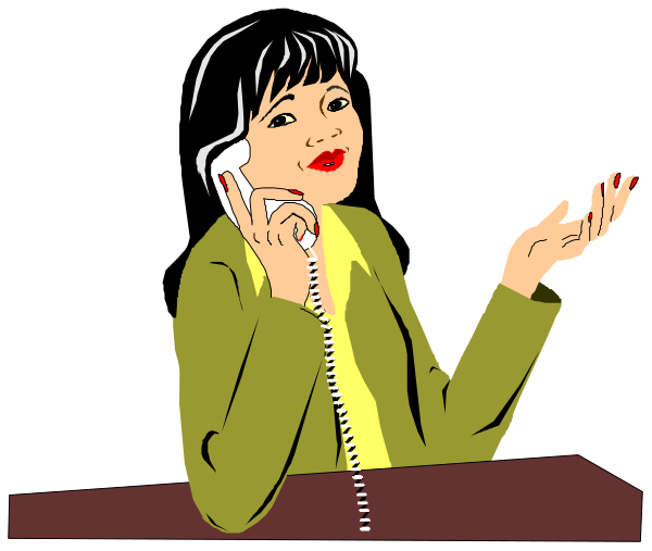 The illustration shows a woman sitting at an office desk with her hand on her chin while talking on a phone; she is wearing red lipstick.