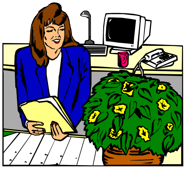 The comic strip shows a woman standing behind an indoor plant with yellow flowers at her feet; she is holding papers close to her chest while looking downwards towards them. In front of her on what appears to be a desk, there's another potted plant and some books or files stacked neatly beside it. To the left side in the background, we can see an office chair with wheels visible beneath its base; behind this setup is a computer monitor displaying text that seems unreadable due to low resolution. The woman has short brown hair styled straight across her head, and she'