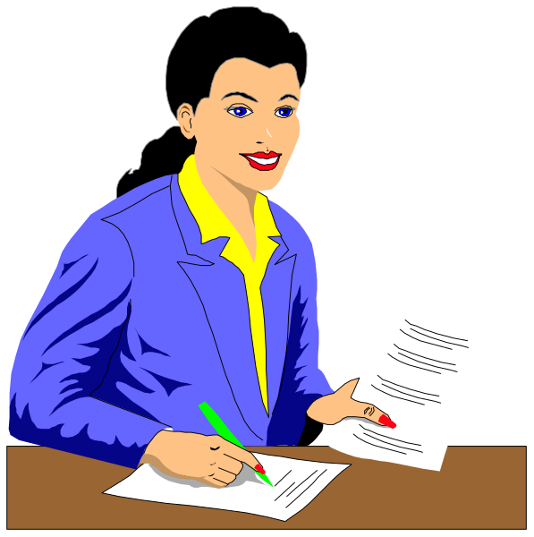 The image shows a woman sitting at her desk with papers on it; she is signing documents while wearing blue clothing.