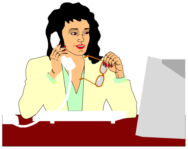 The illustration shows a woman sitting at an office desk with her hand on her chin while talking into a phone; she is wearing glasses and has dark hair pulled back from her face.