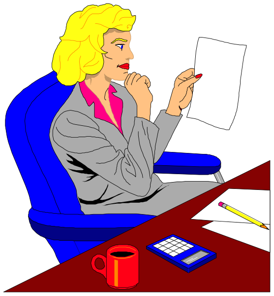 The illustration depicts a woman sitting at her desk with papers spread out before her; she is holding up an envelope as if reading it while seated in front of a computer monitor on which there's another document open, and to one side sits a coffee cup next to what appears to be a calculator.