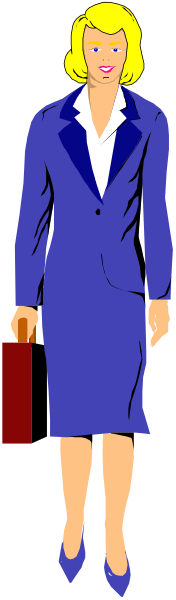 The image shows a woman dressed as an executive standing next to another figure that appears to be male with dark hair wearing glasses; both figures have briefcases at their sides in what seems like a professional office environment.