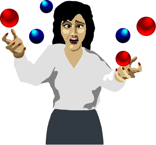 The image shows a cartoon of an animated woman with red hair holding multiple spheres on her fingers while standing against a black background; she is wearing white clothing and appears to be in motion as if spinning the balls, which suggests movement but no specific setting can be discerned from this limited view.