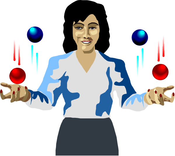 The image shows a cartoon of an animated character with blue hair holding three spheres that represent elements: fire (red), water (blue) and earth (brown).
