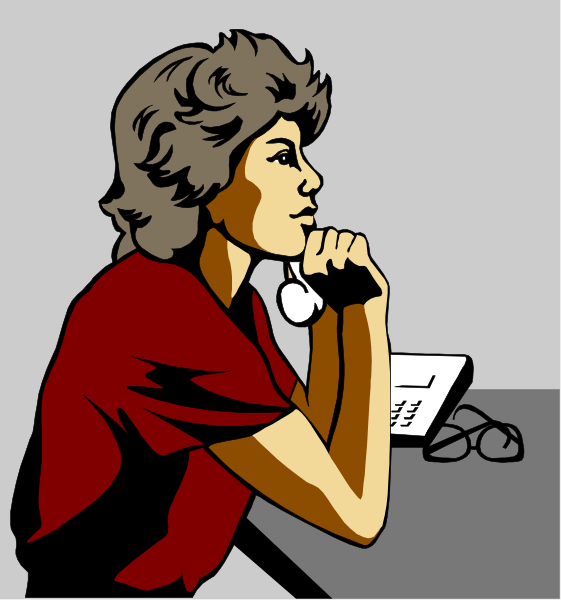 The illustration shows a woman sitting at an office desk with her chin resting on hand while holding a phone to ear; she is wearing glasses and has short hair.
