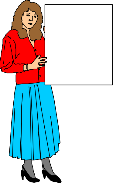 The image shows a cartoon of an animated woman holding up a blank sign with her right hand while standing on what appears to be a stage; she is wearing blue pants and has brown hair styled in bangs, suggesting it's set during daylight hours under indoor lighting conditions.
