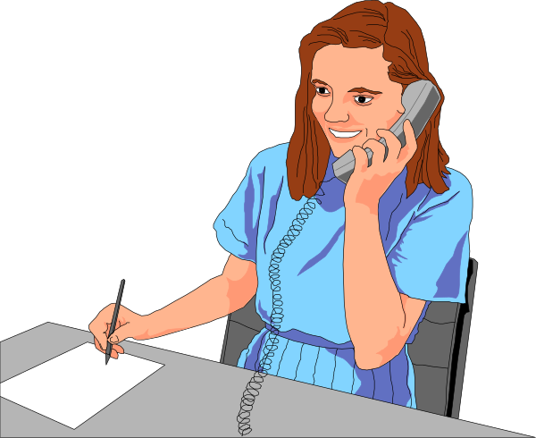 The illustration depicts a woman sitting at an office desk with papers on it; she is holding a phone to her ear while writing in a notebook placed before her.
