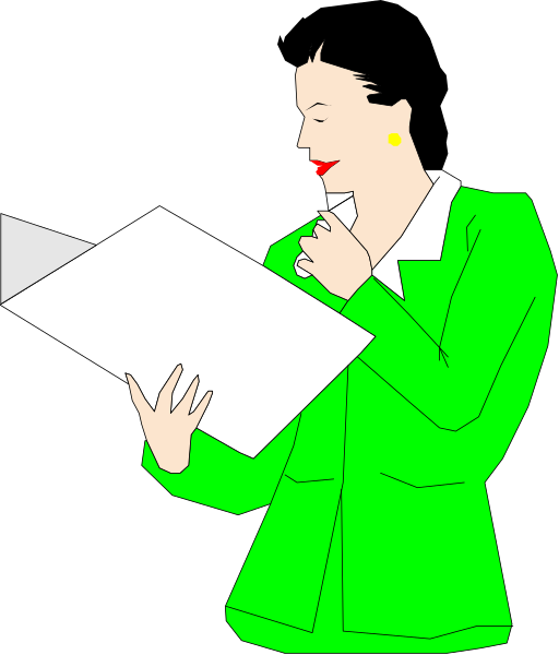 The illustration shows a woman dressed in green attire holding an open document with her left hand while looking at it intently. She is standing against a dark background that contrasts sharply with her clothing.
