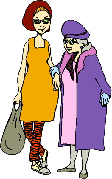 The illustration shows a woman wearing glasses holding hands with an elderly lady who is also carrying shopping bags; both women appear to be walking together on what seems like a city street.