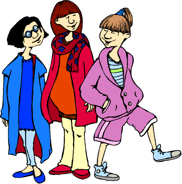 The cartoon shows three girls standing together with a fourth girl walking away from them; all four have distinct hairstyles: one has short hair, another long straight hair, two ponytails, and one braid in her hair. They wear colorful clothing—two of the girls are wearing jackets over dresses or tops while the third is dressed casually with a scarf around their neck; they all have different hairstyles: one has short brown hair, another long straight blonde hair, two ponytails and one braid. The fourth girl walking away we