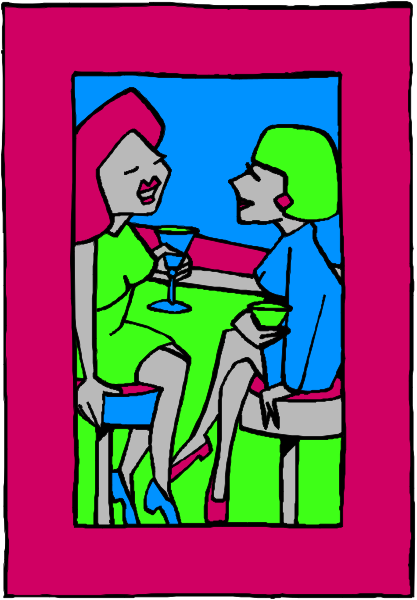 The illustration shows two animated characters sitting at a table with drinks; there is no text present within this small clip-art image.