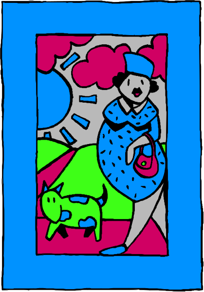 The image shows a cartoon of an older woman with glasses standing next to her pet pig on what appears to be a farm scene under a blue sky filled with clouds.