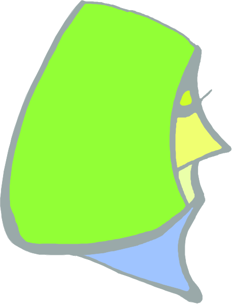 The image shows a stylized drawing of an abstract green head with eyes on top against a white background.
