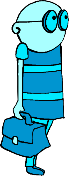 The image shows a cartoon of an animated character walking with luggage on their shoulder against a checkered background.