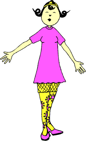 The illustration shows a cartoon of an animated female character with exaggerated features wearing pink clothing standing against a black background; she has her arms outstretched as if dancing or performing some action.
